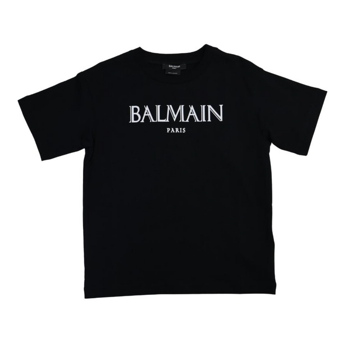 Balmain Paris Playera Negra Logo Blanco Gótico Balmain Paris Playera Negra Logo Blanco Gótico