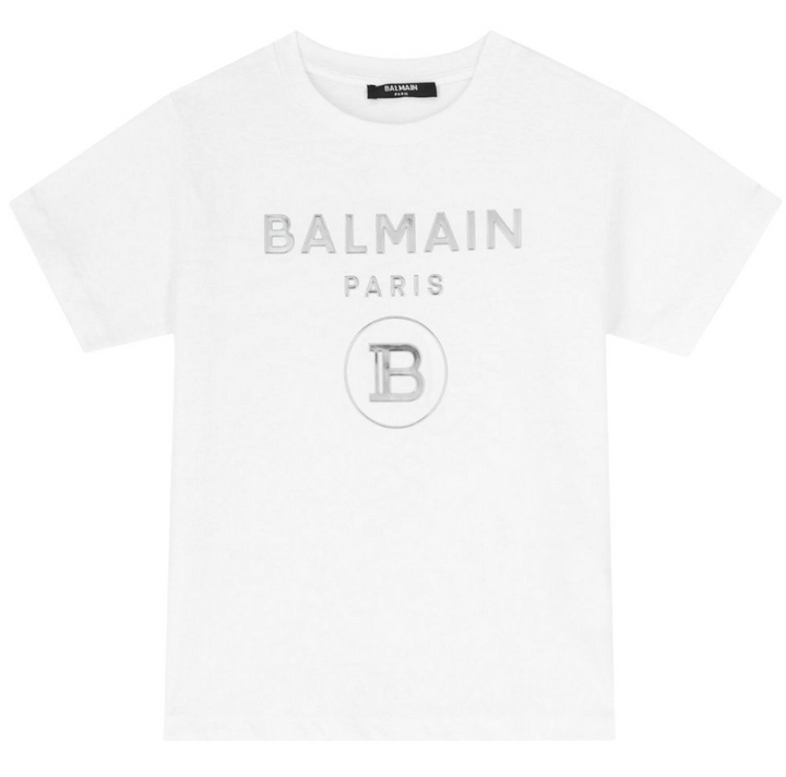 Balmain Paris Playera Blanca Logo Plateado Monograma Balmain Paris Playera Blanca Logo Plateado Monograma
