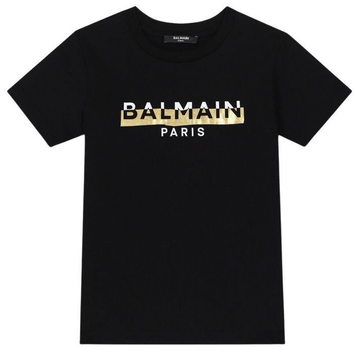 Balmain Paris Playera Negra Logo Blanco con Franja Dorada Balmain Paris Playera Negra Logo Blanco con Franja Dorada