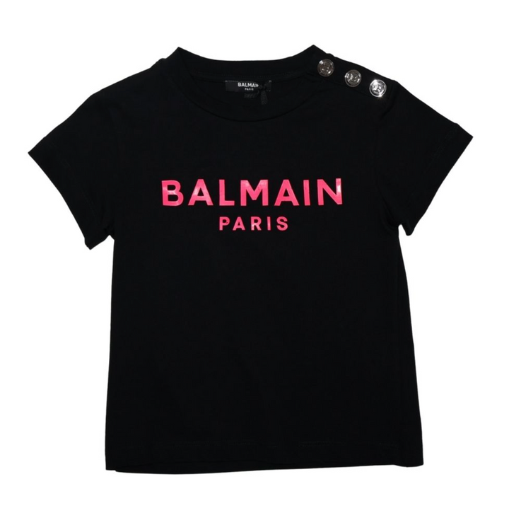 Balmain Paris Playera Negra Logo Rosa con Botones Balmain Paris Playera Negra Logo Rosa con Botones