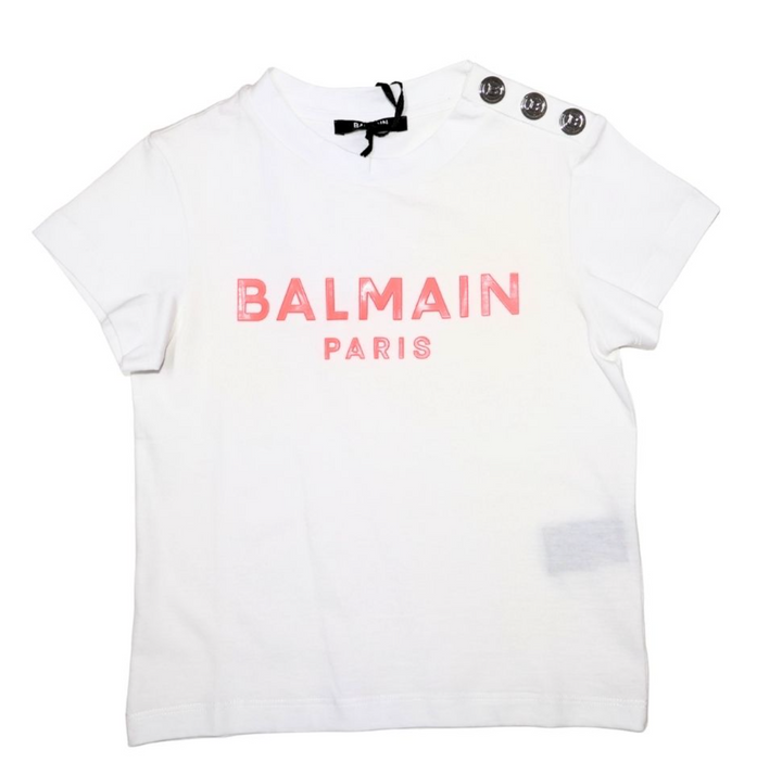 Balmain Paris Playera Blanca Logo Rosa con Botones Balmain Paris Playera Blanca Logo Rosa con Botones