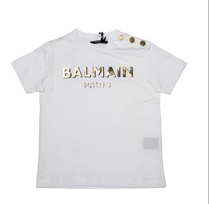 Balmain Paris Playera Blanca Logo Dorado Metálico con Botones Balmain Paris Playera Blanca Logo Dorado Metálico con Botones