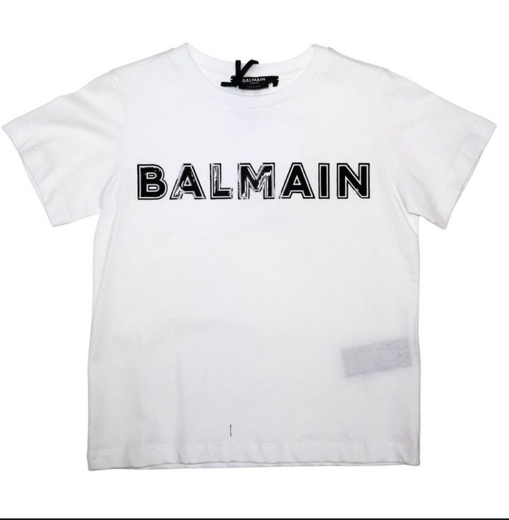 Balmain Paris Playera Blanca Logo Negro Estilo Gráfico Balmain Paris Playera Blanca Logo Negro Estilo Gráfico