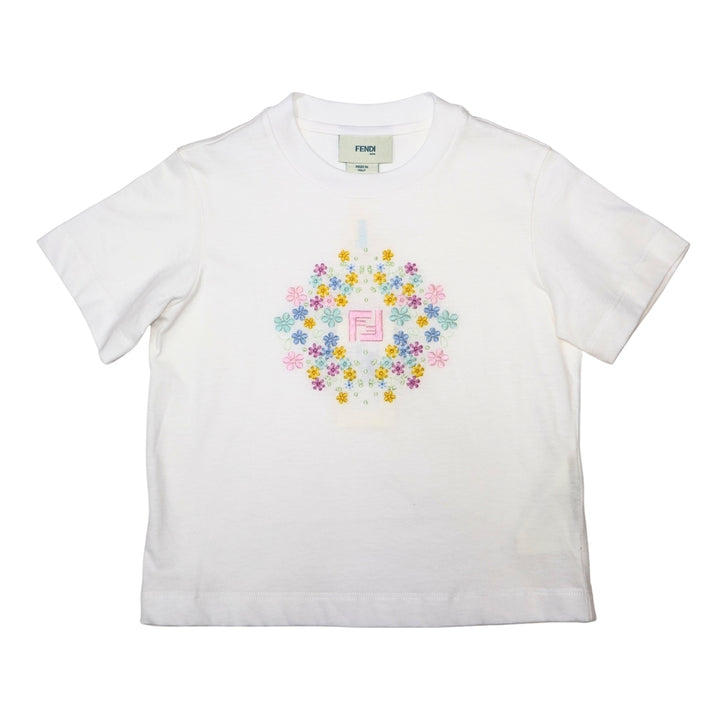 Playera blanca Fendi con flores bordadas multicolor Playera blanca Fendi con flores bordadas multicolor