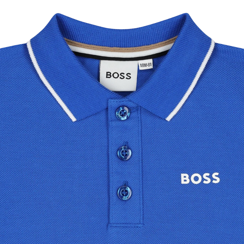 Playera Polo Infantil BOSS Azul Rey con Logo Blanco