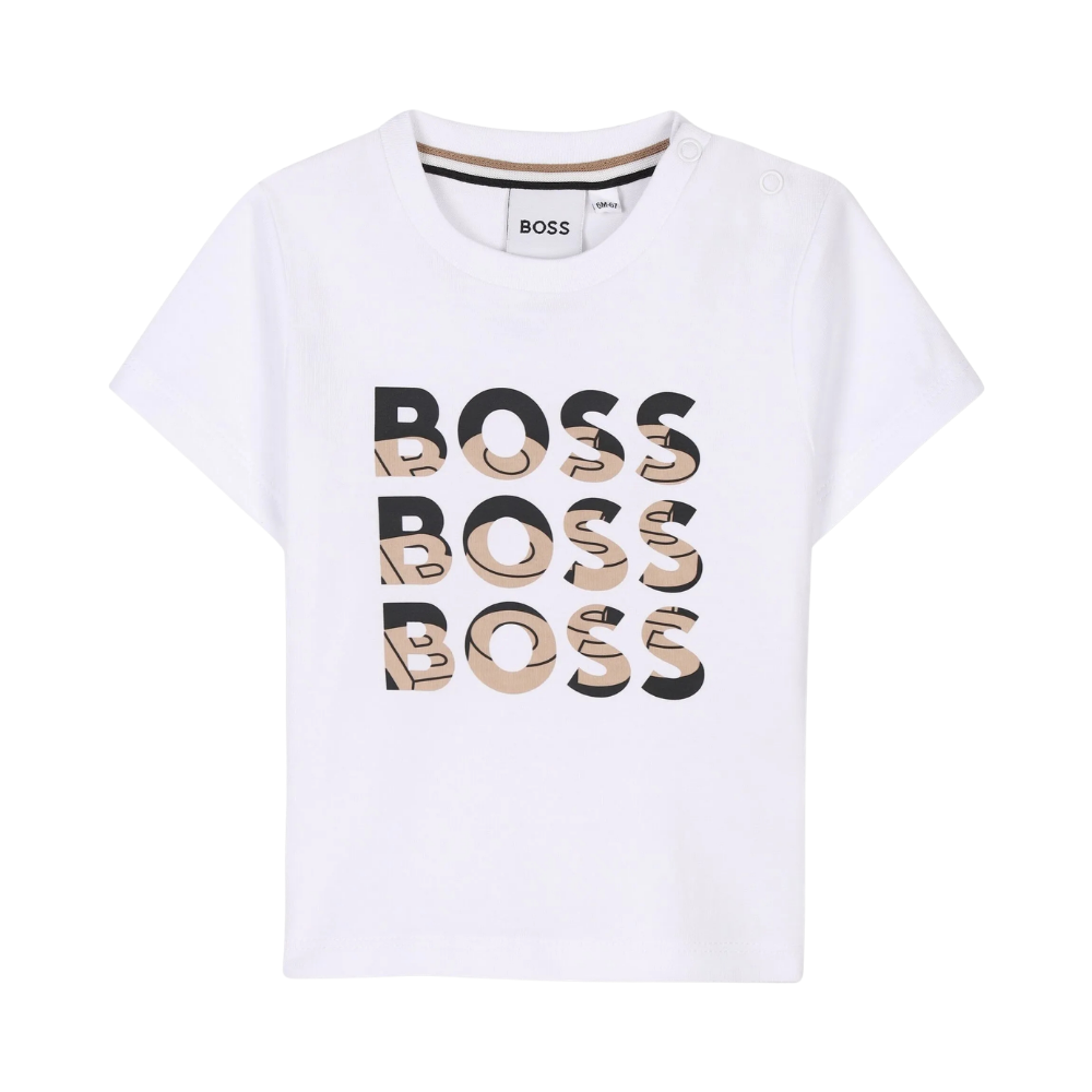 Playera Infantil BOSS Blanca con Triple Logo Frontal