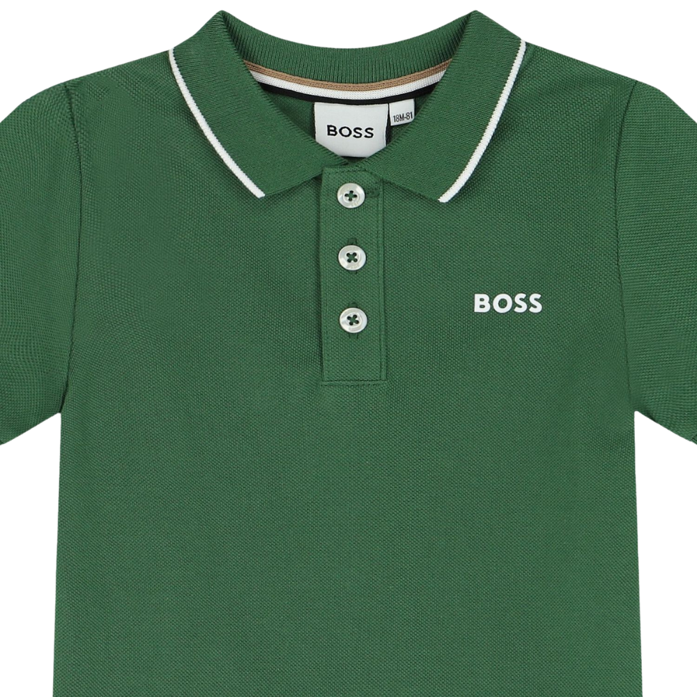 Playera Polo Infantil BOSS Verde Olivo con Logo Frontal