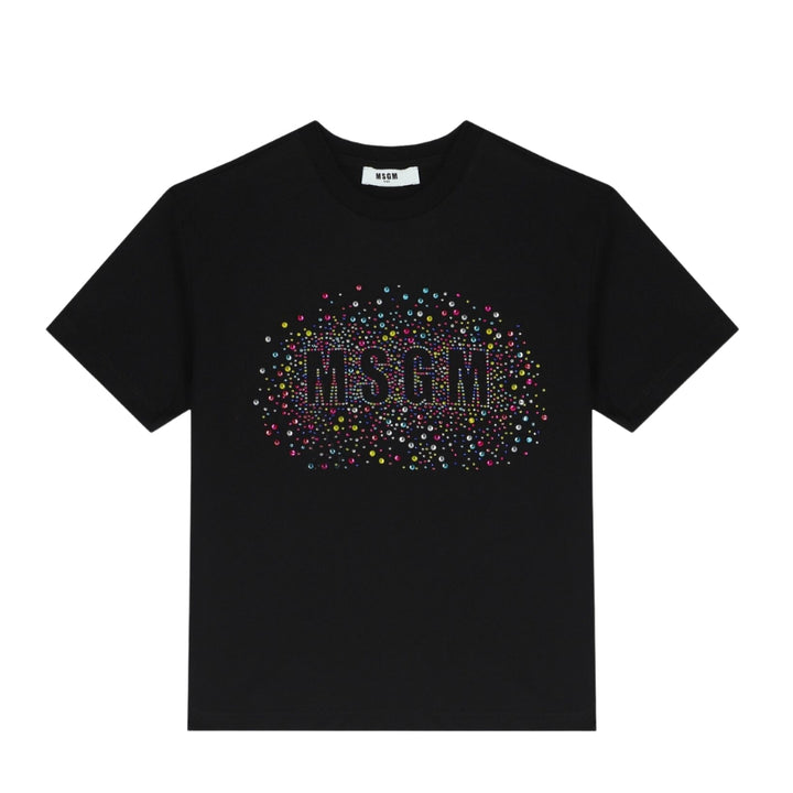 MSGM Playera Negra Niño Logo Multicolor Cristales MSGM Playera Negra Niño Logo Multicolor Cristales