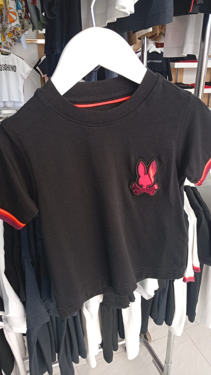 Playera Psycho Bunny para niño – Negra con detalles neón
