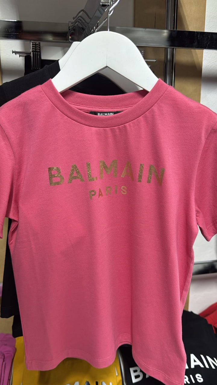 Camiseta Balmain Paris para niña en rosa con logotipo dorado