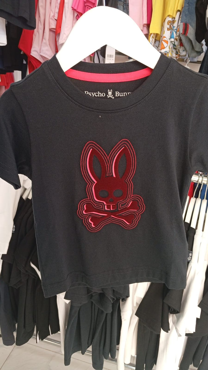Playera Infantil Psycho Bunny Negra con Logo Bordado Rojo