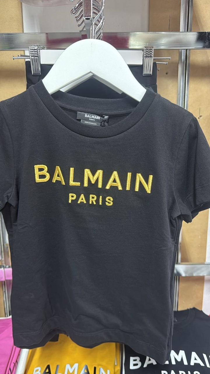 Camiseta Balmain Paris para niña en negro con bordado dorado