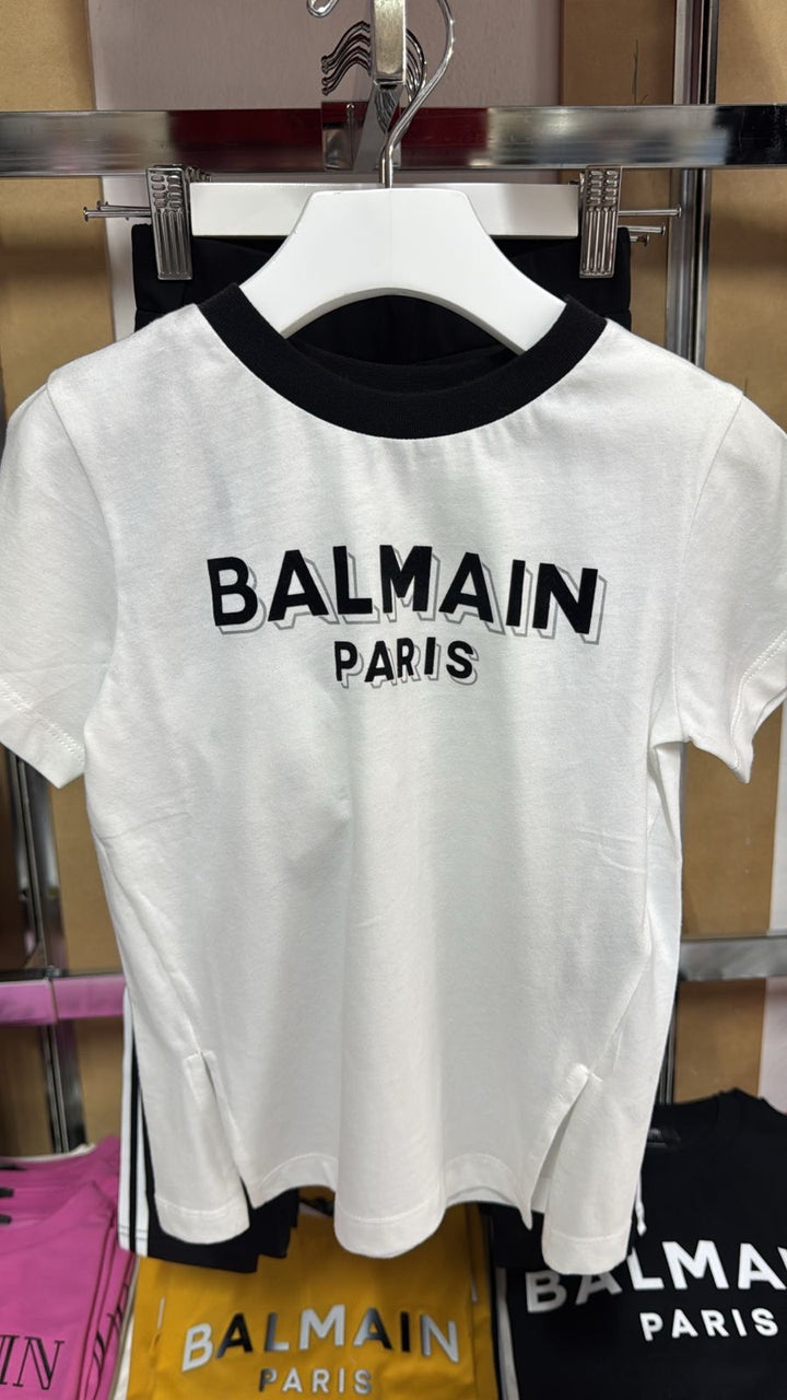 Camiseta Balmain Paris para niña en blanco con cuello negro