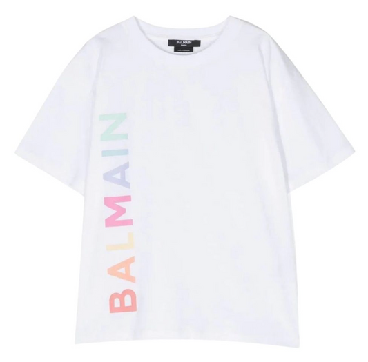Balmain Paris Playera Blanca Logo Vertical Multicolor