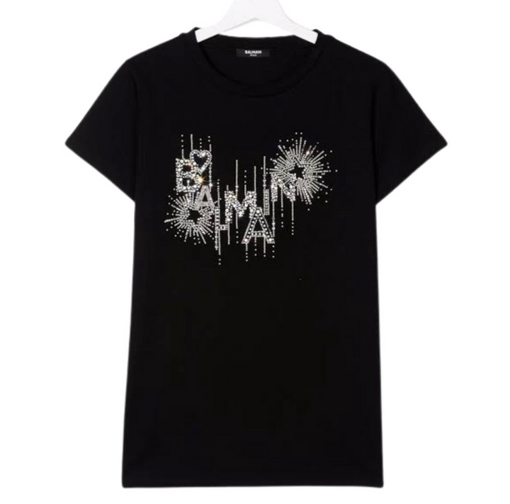 Balmain Paris Playera Negra Cristales Fuegos Artificiales