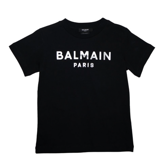 Balmain Paris Playera Negra Logo Plateado NIÑA