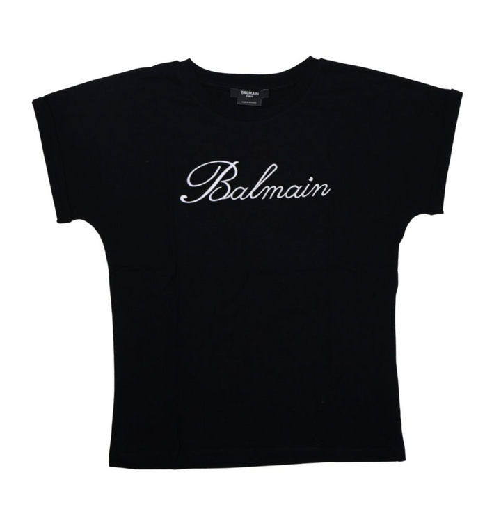 Balmain Paris Playera Negra Logo Cursiva Blanco