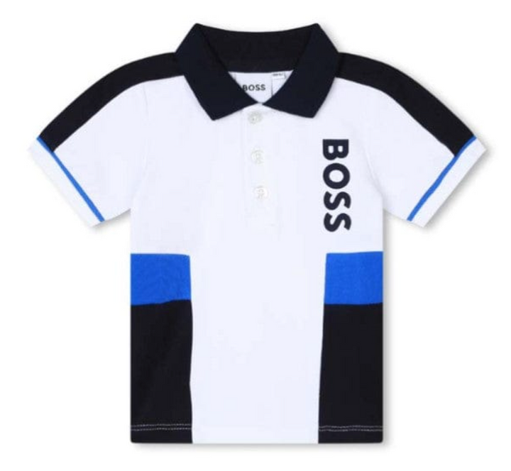 Polo BOSS blanco con bloques de color azul y negro