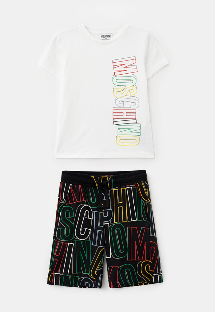 Moschino – Set de camiseta blanca y shorts negros multicolor con logo