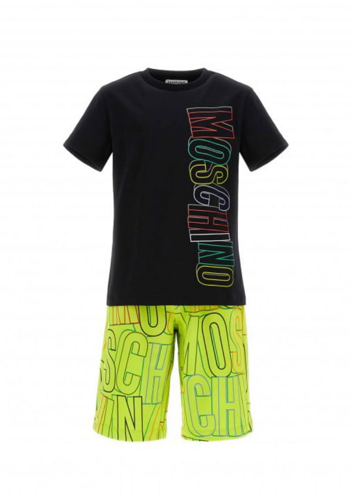 Moschino – Set de camiseta negra y shorts amarillos con logo multicolor