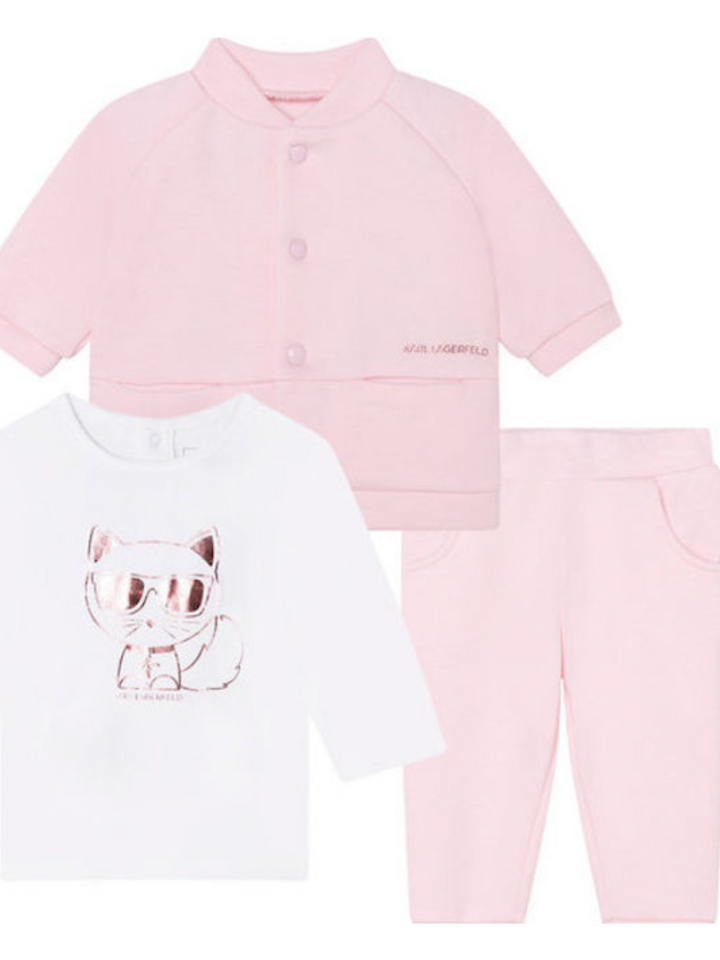 Karl Lagerfeld Kids - Set rosa de tres piezas con estampado de gato