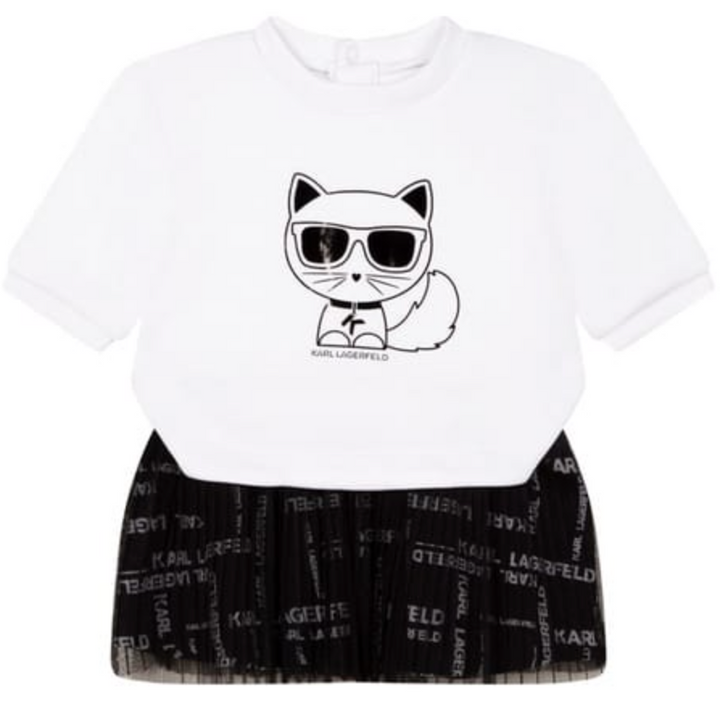 Karl Lagerfeld Kids - Vestido blanco y negro con falda plisada estampada
