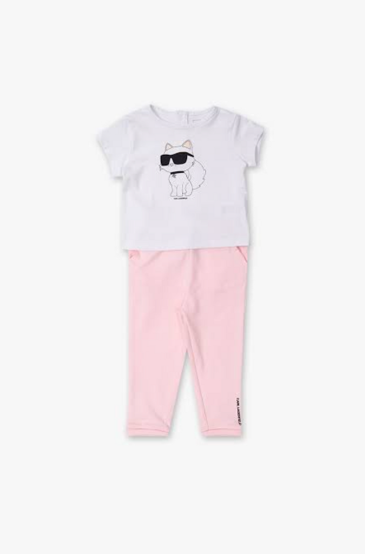 Karl Lagerfeld Kids - Conjunto blanco y rosa con estampado de gato
