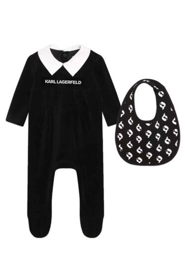 Karl Lagerfeld Kids - mono negro con cuello blanco y babero estampado