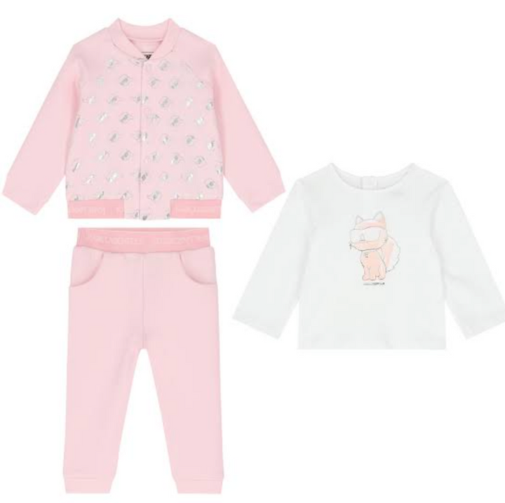 Karl Lagerfeld Kids - Set rosa de tres piezas con estampado metálico de Choupette