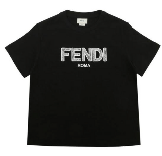 Fendi Kids - Playera Negra Logo Fendi Roma con Detalle Bordado