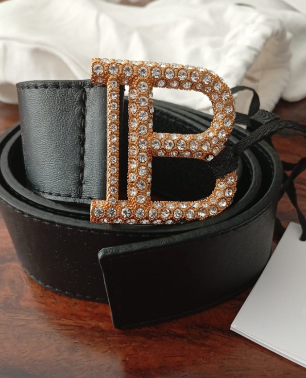 Balmain Cinturón Negro Hebilla Dorada con Brillos