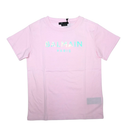 Balmain Paris Playera Rosa Logo Tornasol