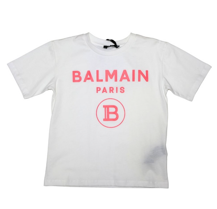 Balmain Paris Playera Blanca Logo Rosa Monograma