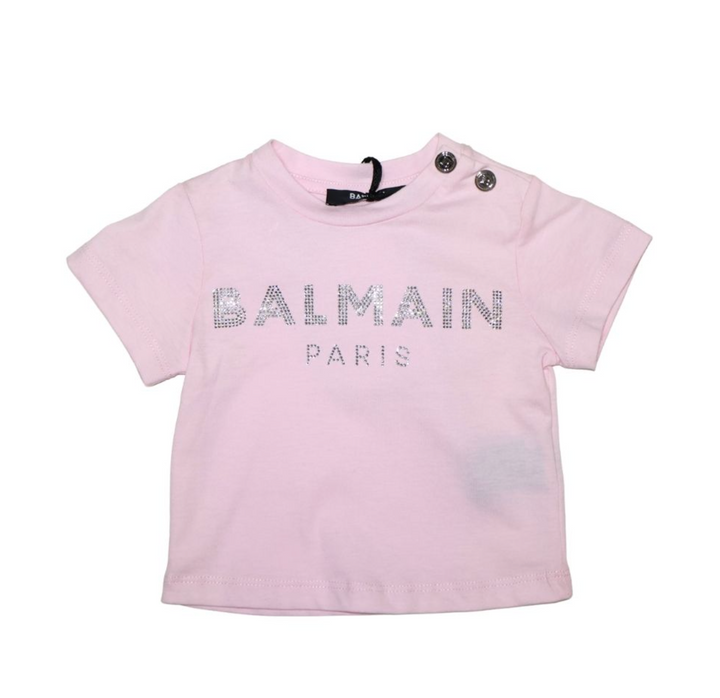 Balmain Paris Playera Rosa Claro Logo Cristales