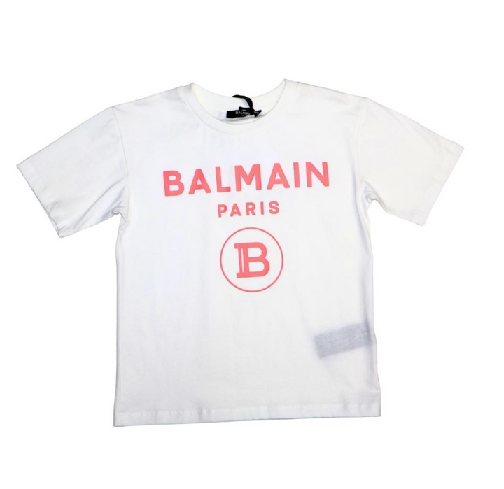 Balmain Paris Playera Blanca Logo Rosa Monograma