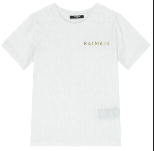 Balmain Paris Playera Blanca Logo Dorado All Over