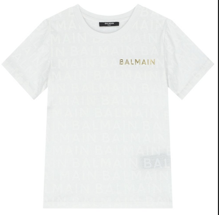 Balmain Paris Playera Blanca Logo Dorado All Over