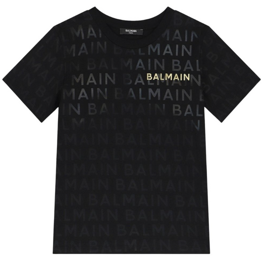 Balmain Paris Playera Negra Logo Dorado All Over