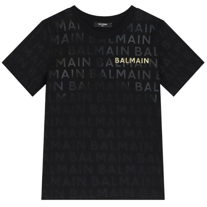 Balmain Paris Playera Negra Logo Dorado All Over