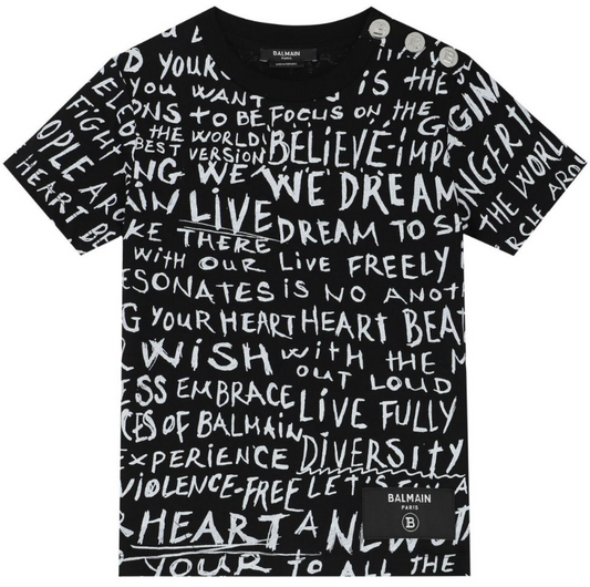 Balmain Paris Playera Negra Estampado Graffiti