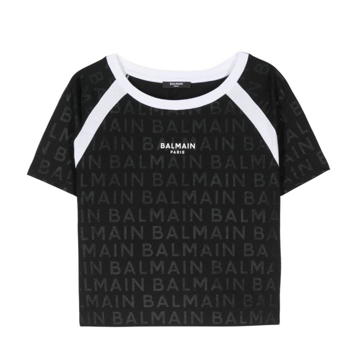 Balmain Paris Playera Negra All Over Logo Blanco