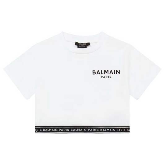Balmain Paris Crop Top Blanco Logo Negro