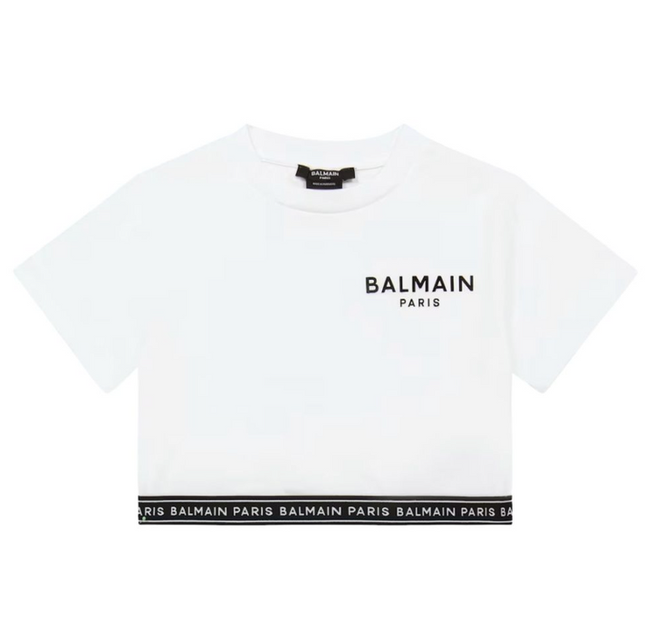 Balmain Paris Crop Top Blanco Logo Negro