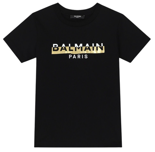 Balmain Paris Playera Negra Logo Blanco con Franja Dorada