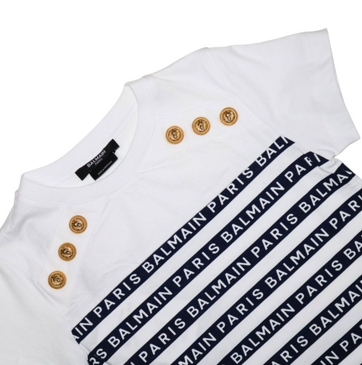 Balmain Paris Playera Blanca Logo Navy Rayas