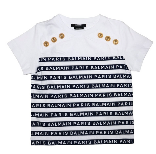 Balmain Paris Playera Blanca Logo Navy Rayas
