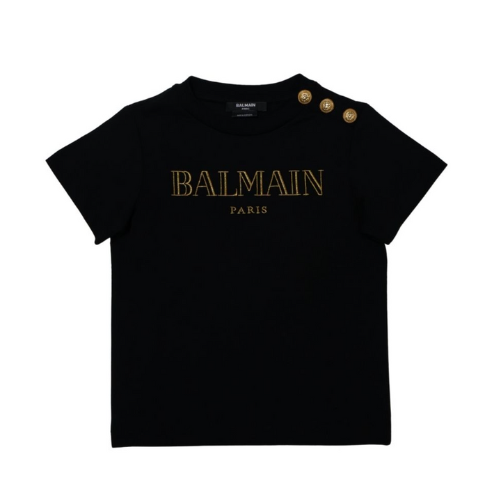 Balmain Paris Playera Negra Logo Dorado Fino con Botones