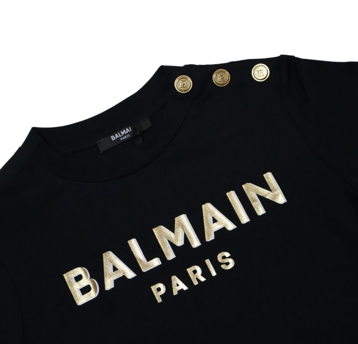 Balmain Paris Playera Negra Logo Dorado Metálico con Botones