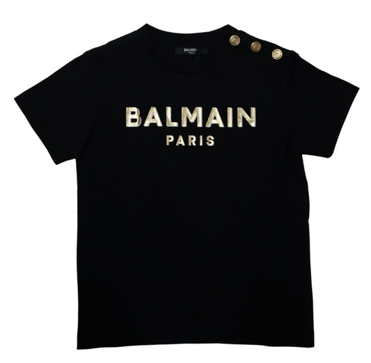 Balmain Paris Playera Negra Logo Dorado Metálico con Botones