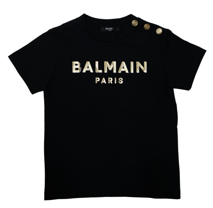 Balmain Paris Playera Negra Logo Dorado Metálico con Botones